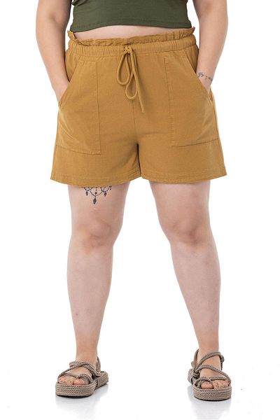 DISENTIS MODEST Plus Size Piece Painted Pockets Elastic Waist and Rope Drawstring Comfortable Cut Mustard Shorts