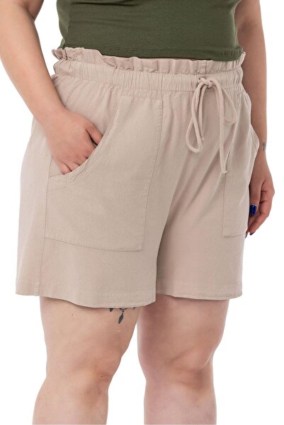 DISENTIS MODEST Plus Size Piece Dyed Pocketed Elastic Waist and Rope Drawstring Relaxed Fit Beige Shorts