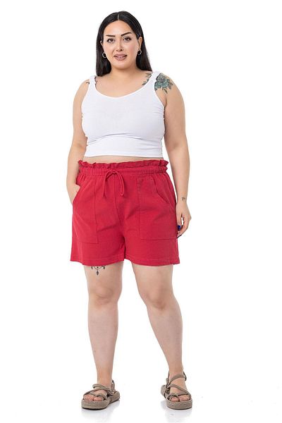 DISENTIS MODEST Plus Size Piece Painted Pockets Elastic Waist and Rope Drawstring Relaxed Cut Red Shorts