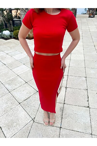 Bianco Lucci Damen-Set mit geripptem Camisole-Oberteil und -Unterteil mit Schlitz und Rock 60161021