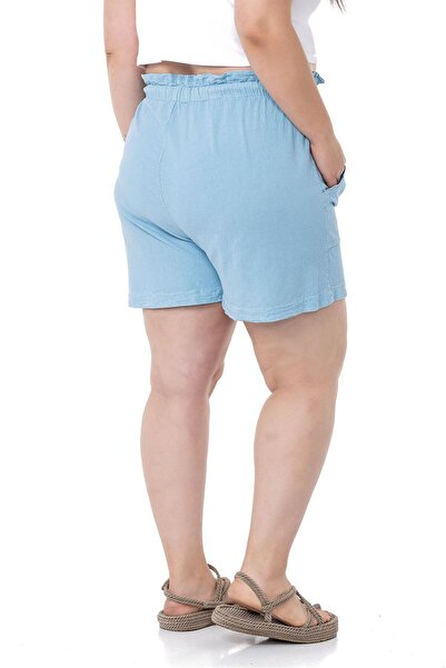 DISENTIS MODEST Plus Size Piece Painted Pockets Elastic Waist and Rope Drawstring Relaxed Fit Blue Shorts
