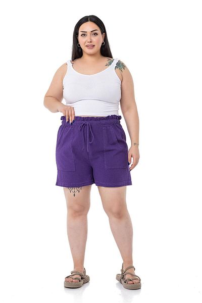 DISENTIS MODEST Plus Size Piece Painted Pockets Elastic Waist and Rope Drawstring Relaxed Fit Purple Shorts