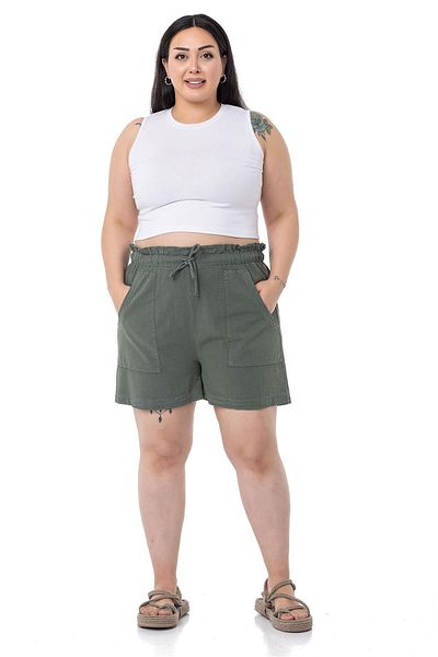 DISENTIS MODEST Plus Size Piece Dyed Pocketed Elastic Waist and Rope Drawstring Relaxed Fit Khaki Shorts