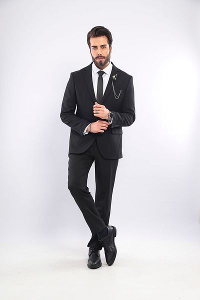 BS BLACK SMOKİN Men's Black Slim Fit Mono Collar Straight Suit (with Gift)
