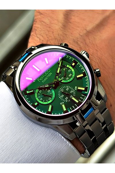 Ferrucci Anthracite Color Functional Steel Cord Men's Wrist Watch with Bracelet Gift