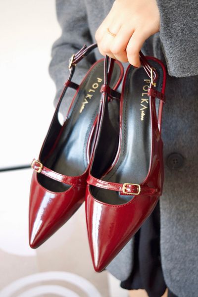 POLKA STORE Sole Pointed Toe Single Band Buckle Claret Red Patent Leather Cherry Red Heeled Women's Shoes