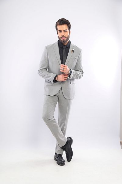 BS BLACK SMOKİN Men's Gray Slim Fit Mono Collar Straight Suit