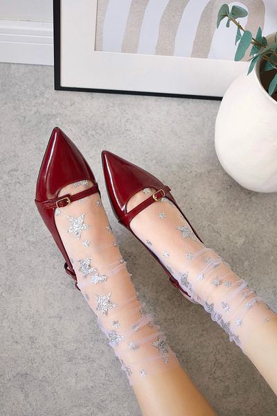 POLKA STORE Sole Pointed Toe Single Band Buckle Claret Red Patent Leather Cherry Red Heeled Women's Shoes