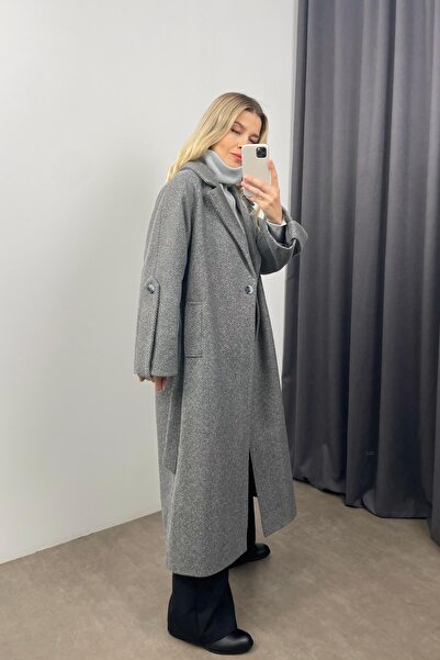 Sue Store Σκούρο γκρι ψαροκόκκαλο μοντέλο με ζώνη με επένδυση Oversize μάλλινο παλτό