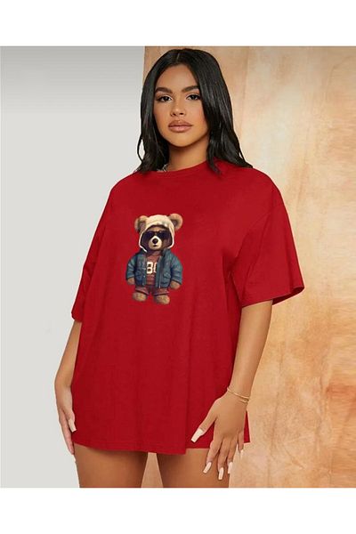 khufu Tricou roșu oversize cu imprimeu AYIBO, cu croiala relaxată, unisex