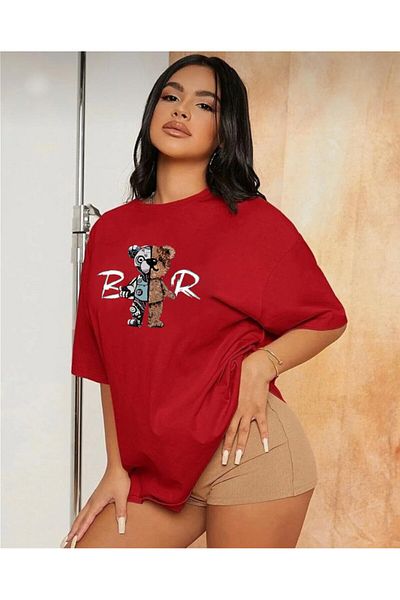 khufu BEAR Printed RED Relaxed Cut Oversize T-shirt