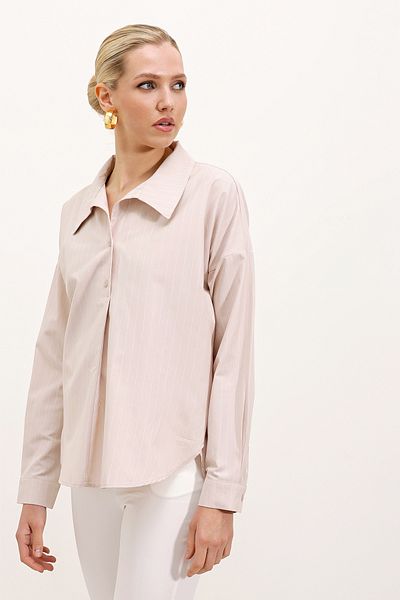 Bigdart 20215 Wide Cut Striped Oversize Shirt - Beige