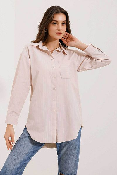 Bigdart 20217 Pocket Detailed Striped Oversize Shirt - Beige