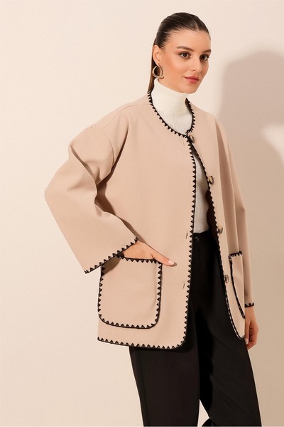 Bigdart 0690 Boyfriend Embroidered Stitch Jacket - Beige