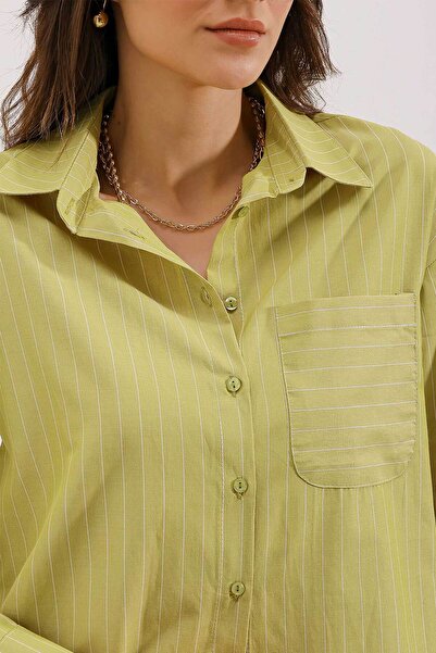 Bigdart 20217 Pocket Detailed Striped Oversize Shirt - Green