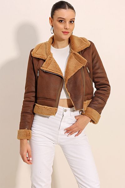 Bigdart 5155 Model Brown Faux Fur Double Breasted Leather Jacket