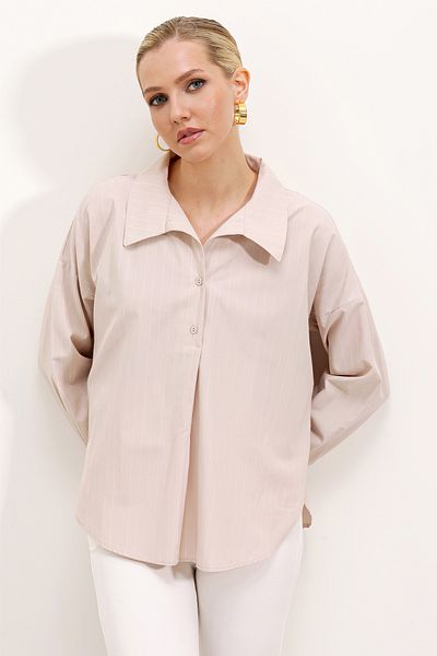 Bigdart 20215 Wide Cut Striped Oversize Shirt - Beige