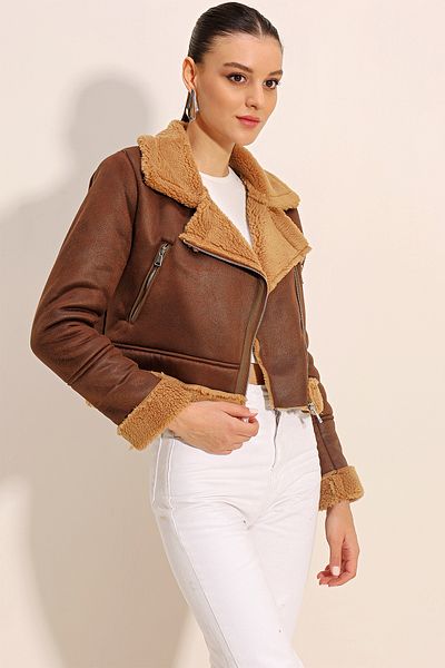 Bigdart 5155 Model Brown Faux Fur Double Breasted Leather Jacket
