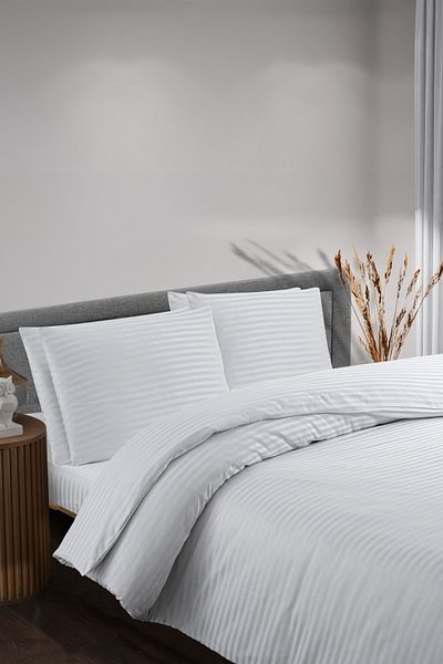 Soft Colours Σετ Παπλωματοθήκη Μονό Βαμβακερό Σατέν Ριγέ Παπλωματοθήκη Ξενοδοχείου με Ελαστικά Σεντόνια