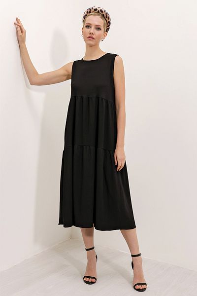 Bigdart 2448 Rochie tricotată lungă cu mâneci zero - neagră