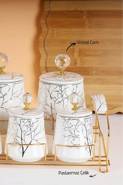 behila Arow Carina Tree Patterned 7-Piece Porcelain Spice Set with Stand