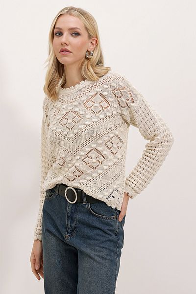 Bigdart 15860 Openwork/Hole Oversize Sweater - Stone