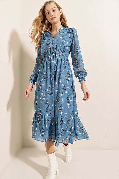 Bigdart 2137 Patterned Chiffon Dress - Blue