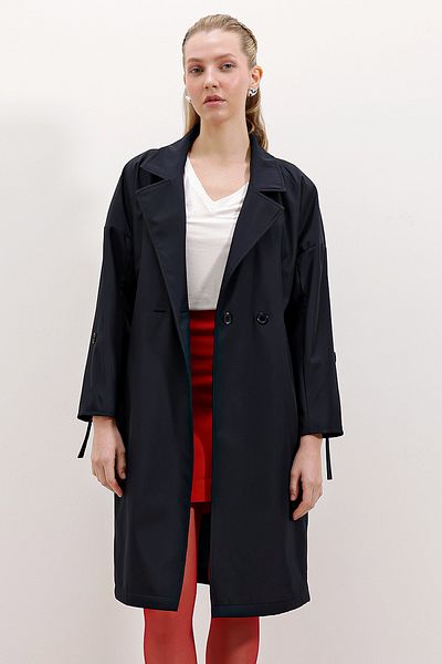 Bigdart 9104 Double Breasted Collar Lined Trench Coat - Navy Blue