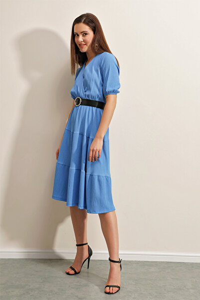 Bigdart 2377 Belted Knitted Dress - Blue