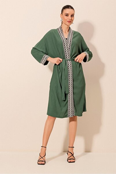 Bigdart 5865 Nakışlı Örme Uzun Kimono - Zümrüt Yeşili