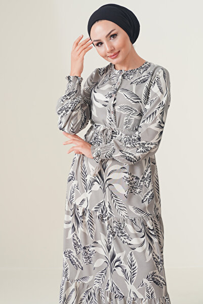 Bigdart 2145 Desenli Tesettür Elbise - Taş