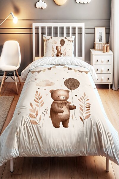 EVPANYA Balonlu Ayıcık Desenli Tek Kişilik Bebek Çocuk Nevresim Seti