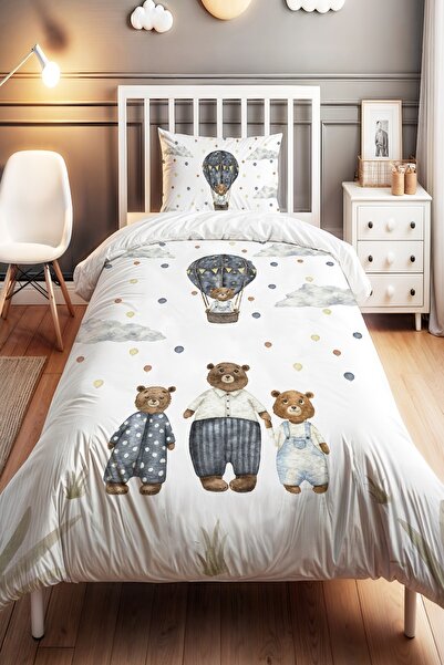 EVPANYA Sevimli Ayı Ailesi Desenli Tek Kişilik Bebek Çocuk Nevresim Seti