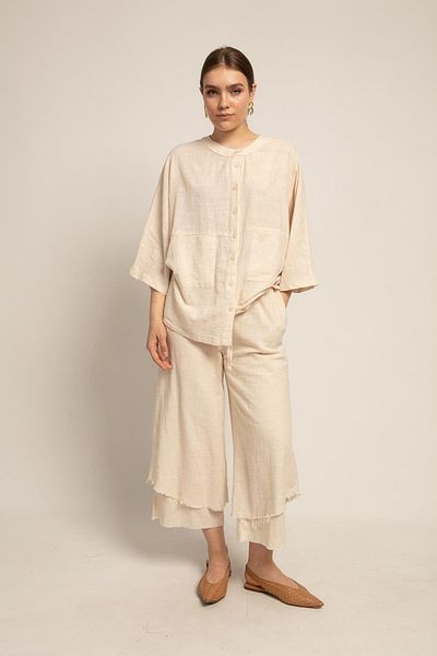 Suzi butik طقم قميص وبنطلون نسائي من الكتان بلون الحجر