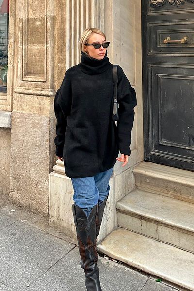 Swist Pulover de damă tricotat lung cu gât negru