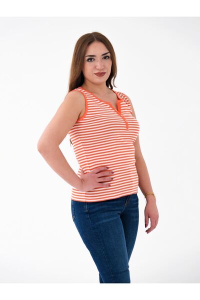 Blues Outlet WOMEN'S SILVERY THREE BUTTON BRAND BLUZ-ORANGE STRIPES