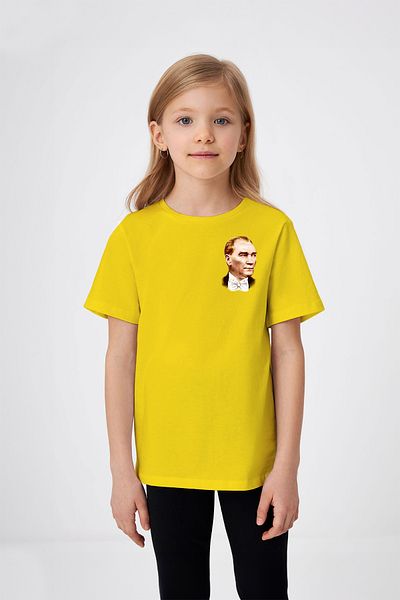 ADABEBEK Mustafa Kemal Atatürk Drawing Printed Girl's T-Shirt with Bow Tie