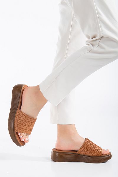 SANDALİ WOMEN'S GENUINE LEATHER VAKETA TAN SHOES SLIPPERS