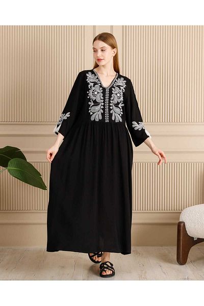 Eceyaman moda women's black and white collar and sleeves and embroidered dress