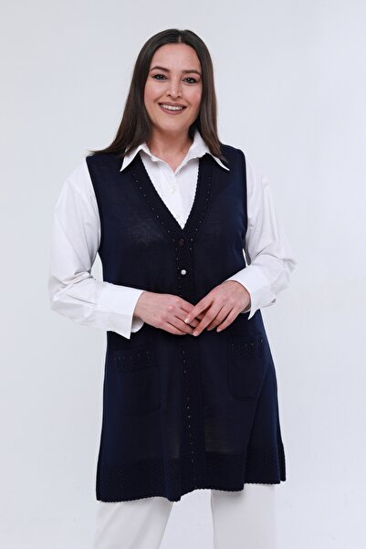 Laden Μεγάλο μέγεθος Γυναικείο μακρύ πλεκτό γιλέκο Mother ελαφρύ Navy Blue I?nce