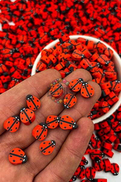 Ebruli Boncuk 10mm Uğur Böceği Figür Fimo Boncuk Takı Yapımı Bead (100 Adet)