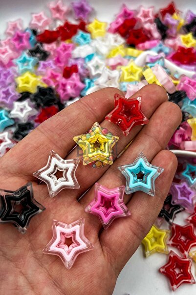 Ebruli Boncuk Renkli Büyük Yıldız Karışık Boncuk Takı Yapımı Bead (25 Adet)