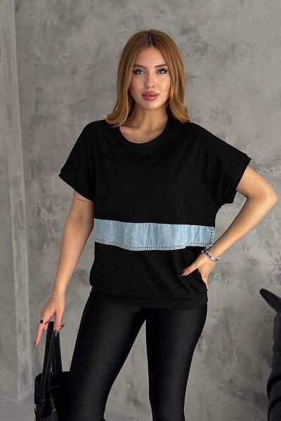 FEMELLE Tricou din bumbac cu design detaliat, blugi cu buzunar dublu, negru, mărime standard