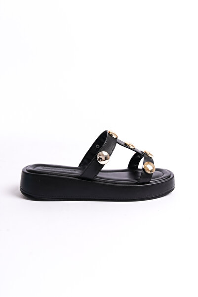 ZİESCE Papuci negri cu talpă plată pentru femei, cu detaliu de cataramă aurie