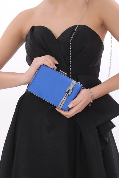 womenacs Țesătură din satin de culoare albastru sax cu accesorii de piatră Rochie de seară Geantă de damă pentru mână și curea lungă