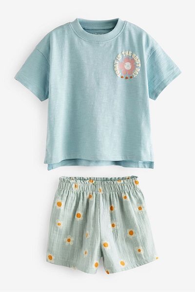 Next Baby 100% Cotton Blue Flovers T-shirt Muslin Shorts Top and Bottom Set