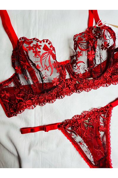 mendoza store Red Embroidery Thong Pantyhose Bra Set