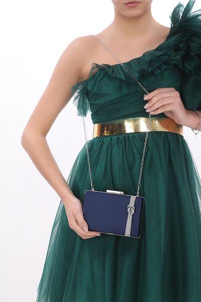 womenacs Țesătură din satin de culoare albastru bleumarin cu accesorii din piatră Rochie de seară Geantă de damă pentru mână și curea lungă