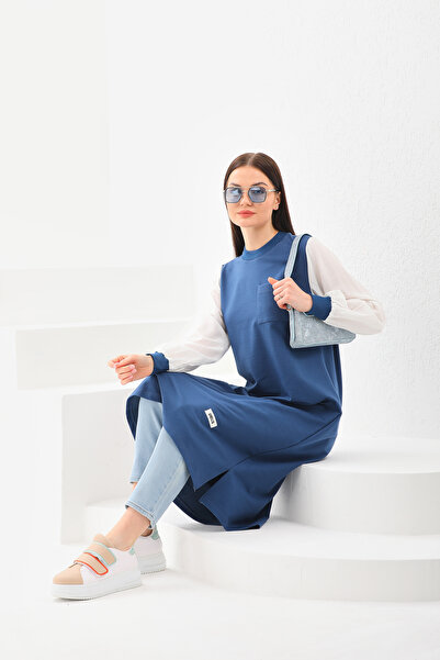 Elif Okur Tesettür Uzun Sweat Tunik Gömlek Kollu 110cm İndigo 1257