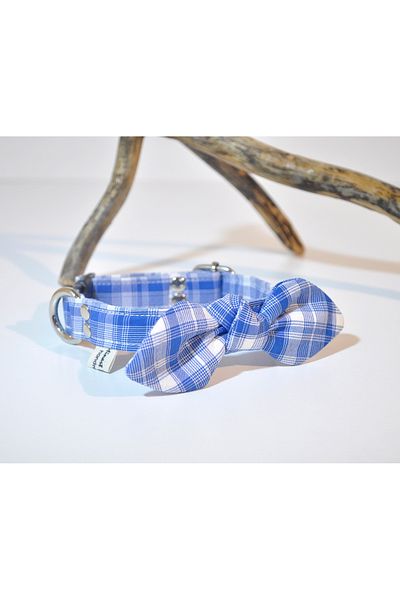 minart design Plaid Blue Patterned Small Breed Neck Collar with Bow Detail, Cat Collar